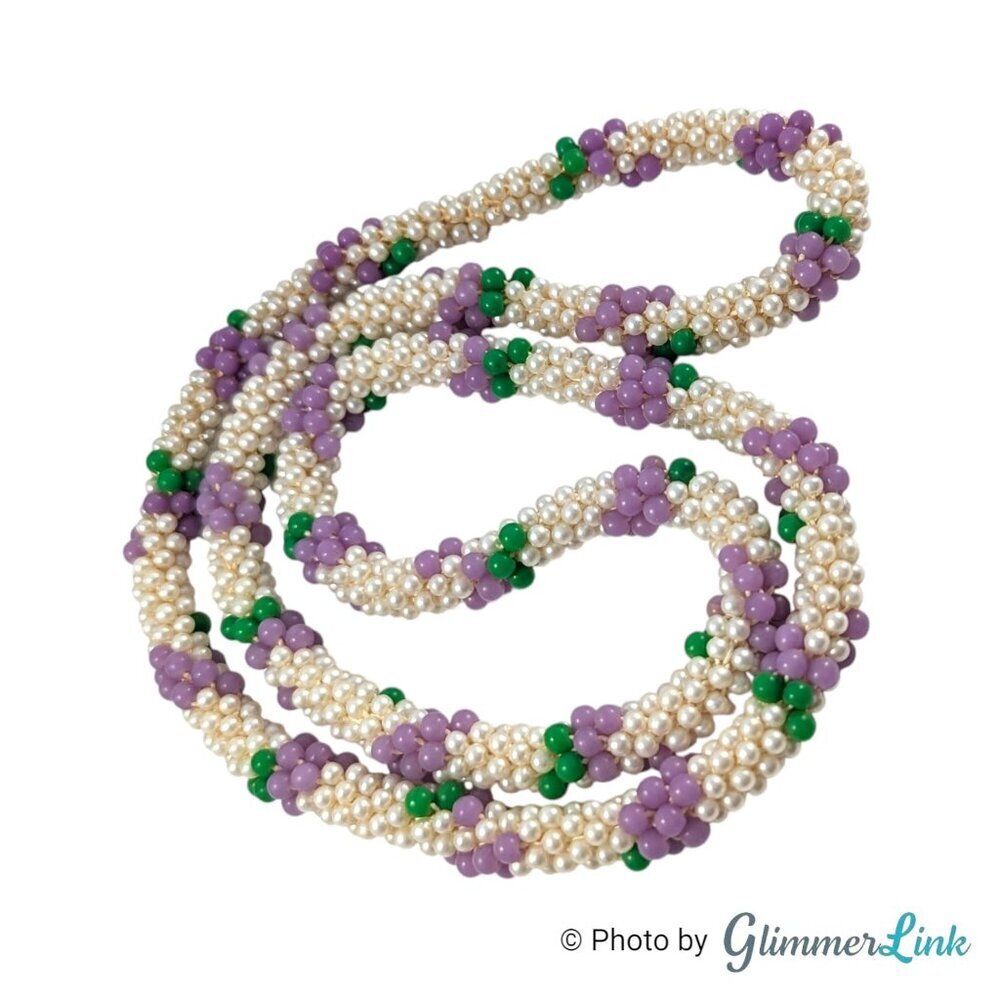 Vintage 70s Floral Beaded Rope Necklace Faux Pearls Purple Green 28"